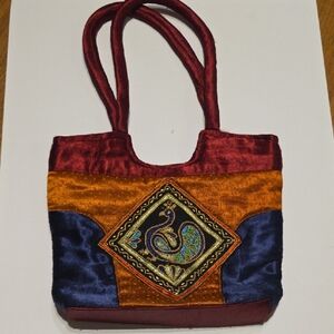 Embroidered Velvet Tote Bag in Burgundy, Gold & Navy